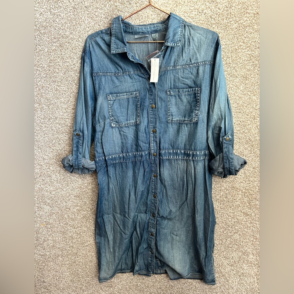 New York & Co Women’s Adj Sleeve Full Button Denim Dress Size XL NWT